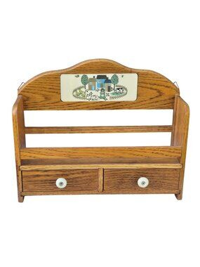 Vintage Farmhouse Oak Wall Shelf Spice Rack Drawers Farmcore Retro 1980s Kitchen
